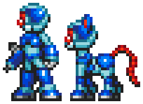 Size: 204x148 | Tagged: safe, artist:kelvin shadewing, derpibooru import, oc, oc:pontheon, pony, robot, robot pony, crossover, megaman, pantheon, pixel art, reploid, simple background, sprite, transparent background