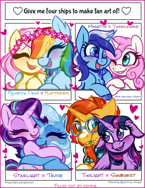 Size: 525x680 | Tagged: safe, artist:esmeia, derpibooru import, fluttershy, minuette, rainbow dash, starlight glimmer, sunburst, trixie, twilight sparkle, twilight sparkle (alicorn), twinkleshine, alicorn, pegasus, pony, unicorn, blushing, chest fluff, female, floppy ears, floral head wreath, flower, flutterdash, four ships fanart, heart, lesbian, male, shipping, startrix, straight, text, twiburst, twinklette