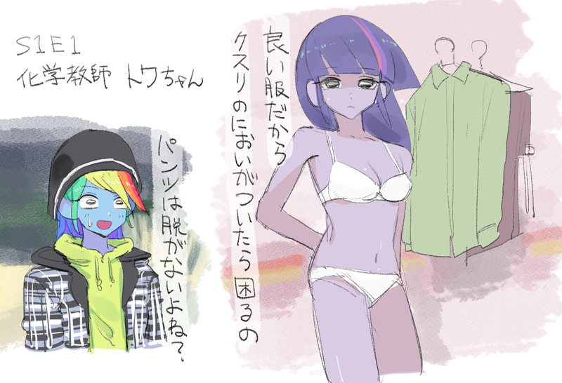 Size: 1341x916 | Tagged: suggestive, artist:ceitama, derpibooru import, rainbow dash, twilight sparkle, equestria girls, friendship is magic, beanie, belly button, bra, breaking bad, breasts, cleavage, clothes, dialogue, embarrassed, female, females only, hat, hoodie, japanese, lesbian, open mouth, panties, plaid, raised eyebrows, shipping, smiling, sweat, sweatdrop, sweatshirt, text, twidash, underwear, white underwear