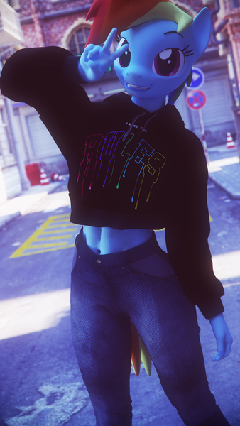 Size: 2160x3840 | Tagged: 3d, abs, anthro, artist:dashie116, belly button, cinema 4d, clothes, derpibooru import, explicit source, female, hoodie, jeans, looking at you, mare, midriff, pants, peace sign, rainbow dash, safe, smiling, solo, street