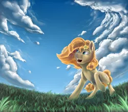 Size: 2000x1750 | Tagged: safe, artist:com3tfire, derpibooru import, pear butter, earth pony, cloud, digital art, drawing