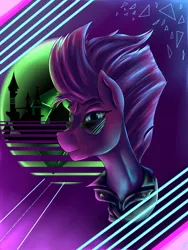 Size: 1500x2000 | Tagged: safe, artist:com3tfire, derpibooru import, tempest shadow, pony, unicorn, 80s, bust, clothes, digital art, drawing, jacket, portrait, solo, sunglasses, synthwave