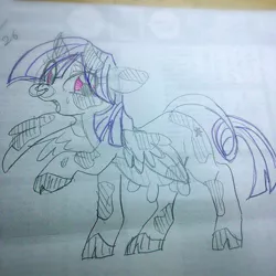 Size: 640x640 | Tagged: alicorn, artist:kyubi, cow, cowified, derpibooru import, floppy ears, horns, looking at you, nose piercing, nose ring, open mouth, piercing, safe, species swap, sweat, sweatdrop, traditional art, twilight sparcow, twilight sparkle, twilight sparkle (alicorn), udder, wings