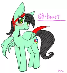 Size: 509x554 | Tagged: safe, artist:kyubi, derpibooru import, oc, oc:qb heart, unofficial characters only, pegasus, pony, blushing, female, mare, simple background, solo, white background