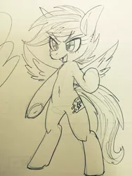 Size: 768x1024 | Tagged: safe, artist:kyubi, derpibooru import, scootaloo, pegasus, pony, bipedal, black and white, blank flank, fake cutie mark, female, filly, grayscale, monochrome, open mouth, pencil drawing, solo, spread wings, traditional art, underhoof, wings