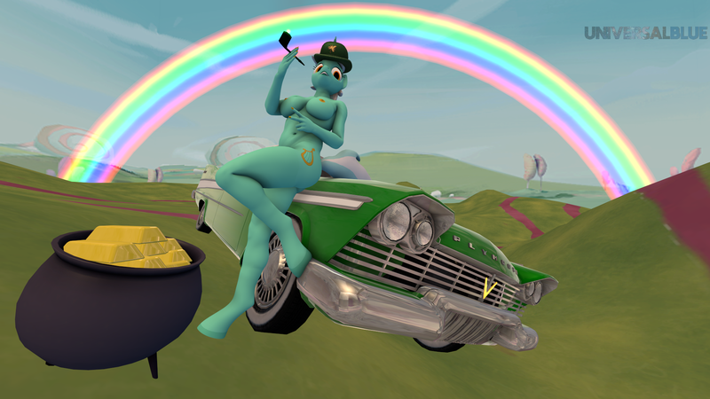 Size: 1920x1080 | Tagged: questionable, artist:universalblue, derpibooru import, lyra heartstrings, anthro, unguligrade anthro, 3d, bowler hat, breasts, car, gold ingot, hat, holiday, hooves, looking at you, nipples, nudity, pipe, plymouth, rainbow, saint patrick's day, smoking, source filmmaker