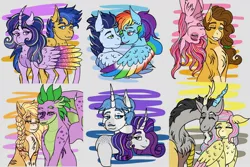 Size: 1280x854 | Tagged: safe, artist:bluefinarts, derpibooru import, applejack, cheese sandwich, discord, fancypants, flash sentry, fluttershy, pinkie pie, rainbow dash, rarity, soarin', spike, twilight sparkle, twilight sparkle (alicorn), alicorn, draconequus, dragon, earth pony, pegasus, pony, unicorn, applespike, cheesepie, colored wings, discoshy, ethereal wings, female, flashlight, male, mane seven, mane six, multicolored wings, older, older spike, rainbow power, rainbow wings, raripants, shipping, soarindash, straight, upside down, winged spike, wings