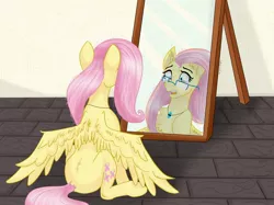 Size: 2048x1533 | Tagged: safe, artist:arby_lakeripple, derpibooru import, fluttershy, pony, chest fluff, female, glasses, human to pony, implied transformation, implied transgender transformation, jewelry, male to female, mare, mirror, necklace, post-transformation, reflection, rule 63, sitting, solo, spread wings, surprised, teary eyes, transformation, wings