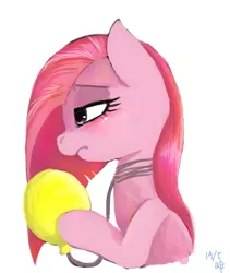 Size: 507x600 | Tagged: safe, artist:kyubi, derpibooru import, pinkie pie, earth pony, pony, balloon, bust, female, frown, mare, pinkamena diane pie, simple background, solo, white background