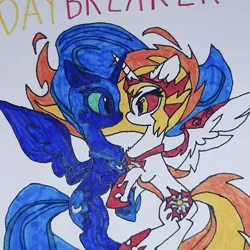 Size: 590x589 | Tagged: safe, artist:electric spark, artist:tomatocoup, derpibooru import, daybreaker, nightmare moon, alicorn, pony, cute, diabreaker, duo, duo female, female, mare, moonabetes, siblings, simple background, sisters, spread wings, text, trace, traditional art, white background, wings