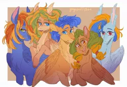 Size: 1280x869 | Tagged: safe, artist:yuyusunshine, derpibooru import, flash sentry, oc, oc:canary, oc:everret glow, oc:piper, oc:sonatina, unofficial characters only, pegasus, pony, female, male, mare, siblings, stallion