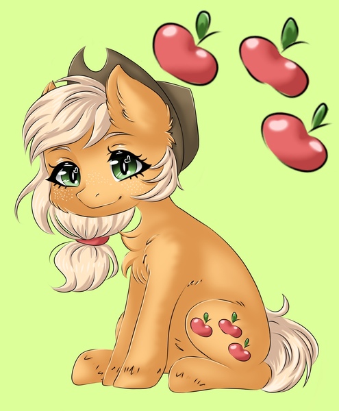 Size: 1356x1642 | Tagged: safe, artist:star_dust, derpibooru import, applejack, earth pony, pony, applebetes, cheek fluff, chest fluff, cute, cutie mark, cutie mark background, ear fluff, female, fluffy, freckles, looking at you, mare, simple background, sitting, smiling, smiling at you, solo