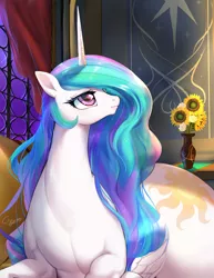 Size: 944x1220 | Tagged: safe, artist:chigusa, derpibooru import, princess celestia, alicorn, horse, pony, butt, curtains, cute, cutelestia, female, flower, flower vase, huge butt, large butt, looking sideways, lying down, mare, praise the sun, princess celestia is a horse, small head, solo, the ass was fat, thick, vase, window