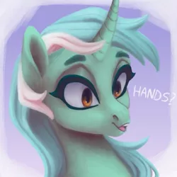 Size: 571x572 | Tagged: safe, artist:violettacamak, derpibooru import, lyra heartstrings, pony, unicorn, bust, cute, dialogue, female, hand, lyrabetes, mare, open mouth, portrait, solo, that pony sure does love hands