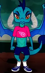 Size: 2040x3264 | Tagged: american football, athletic, clothes, derpibooru import, dragon, edit, edited screencap, nfl, nike (brand), princess ember, safe, screencap, shirt, shoes, shorts, socks, solo, sports, tennessee titans