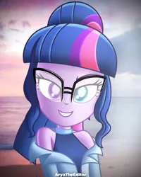 Size: 2000x2500 | Tagged: safe, artist:aryatheeditor, derpibooru import, sci-twi, twilight sparkle, equestria girls, equestria girls series, spoiler:eqg series (season 2), beach, clothes, digital art, evening, geode of telekinesis, glass, glasses, grin, hetero sci twi, heterochromia, jacket, looking at you, magical geodes, powerful sparkle, relaxed, sexy, shirt, sleeveless, sleeveless shirt, smiley face, smiling, solo
