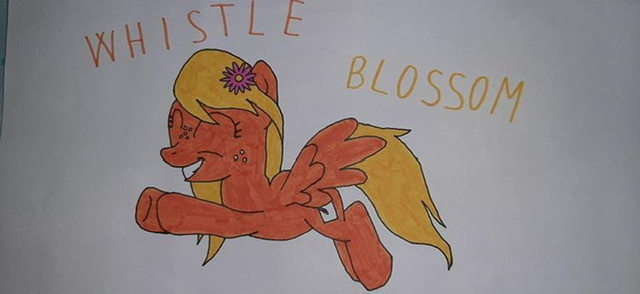 Size: 640x294 | Tagged: safe, artist:electric spark, derpibooru import, oc, oc:whistle blossom, unofficial characters only, pegasus, pony, cute, eyes closed, female, filly, flower, flower in hair, flying, foal, grin, pegasus oc, simple background, smiling, teenager, text, traditional art, whistlebetes, white background, wings
