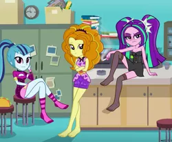 Size: 3192x2648 | Tagged: safe, alternate version, artist:charliexe, artist:grapefruitface1, derpibooru import, adagio dazzle, aria blaze, sonata dusk, equestria girls, equestria girls series, find the magic, spoiler:eqg series (season 2), ashtray, ass, bare shoulders, barefoot, base used, blushing, book, breasts, butt, cigarette, cleavage, clock, clothes, desk, feet, female, food, legs, looking at you, office, pigtails, ponytail, resting bitch face, schrödinger's pantsu, sleeveless, smoking, socks, sonata donk, stocking feet, stockings, strapless, taco, taco dress, the dazzlings, thigh highs, thighs, trio, trio female, twintails