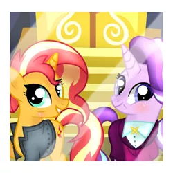 Size: 512x512 | Tagged: safe, artist:fiona984, artist:perplexedpegasus, artist:themune, derpibooru import, starlight glimmer, sunset shimmer, pony, unicorn, the last problem, bags under eyes, base used, blushing, clothes, female, grin, jacket, leather jacket, lesbian, mare, older, older starlight glimmer, older sunset, school of friendship, shimmerglimmer, shipping, shirt, smiling, suit