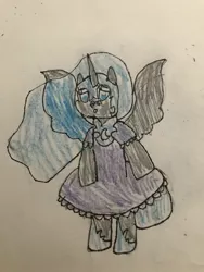 Size: 960x1280 | Tagged: artist:whistle blossom, clothes, cute, derpibooru import, dress, jewelry, looking at you, moonabetes, necklace, nightmare moon, open mouth, safe, shoes, simple background, traditional art, whistle blossom is trying to murder us, white background