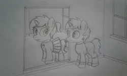 Size: 2560x1536 | Tagged: safe, artist:peternators, derpibooru import, oc, pony, clothes, colt, female, filly, male, mary janes, mirror, monochrome, ponytail, rule 63, self ponidox, shoes, shorts, sketch, skirt, socks, sweater, traditional art