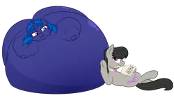 Size: 4000x2250 | Tagged: suggestive, artist:worstsousaphonehorse, derpibooru import, octavia melody, vinyl scratch, earth pony, unicorn, amused, belly, belly bed, big belly, bingo wings, blueberry inflation, female, huge belly, immobile, impossibly large belly, inflation, lesbian, not amused face, octavia is amused, pencil, puffy cheeks, reclining, scratchtavia, sheet music, shipping, simple background, squishy, transparent background, unamused, vector, vinyl blueberry, vinyl blueberry scratch, vinyl scratch is not amused
