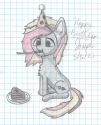 Size: 2617x3235 | Tagged: safe, artist:mlplayer dudez, derpibooru import, oc, oc:solder point, unofficial characters only, earth pony, pony, birthday, cake, cel shading, chest fluff, cute, cutie mark, ear fluff, food, graph paper, happy, happy birthday, hat, leg fluff, noisemaker, party, party hat, shading, signature, sitting, solo, traditional art