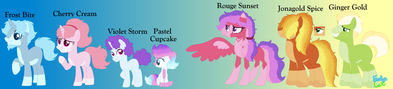 Size: 2488x562 | Tagged: safe, artist:evelyncat, derpibooru import, oc, oc:cherry cream, oc:frost bite, oc:ginger gold, oc:jonagold spice, oc:pastel cupcake, oc:rouge sunset, oc:violet storm, pony, base used, gradient background, offspring, parent:big macintosh, parent:double diamond, parent:princess cadance, parent:sugar belle, parents:cadmac, parents:sugardiamond