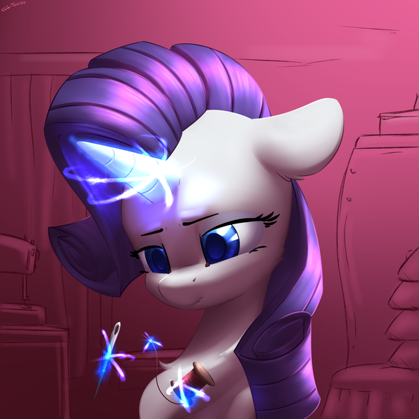 Size: 2400x2400 | Tagged: safe, artist:shido-tara, derpibooru import, rarity, pony, unicorn, biting, bust, female, focused, glowing horn, high res, horn, magic, needle, portrait, sewing, simple background, solo, spool, telekinesis, thread