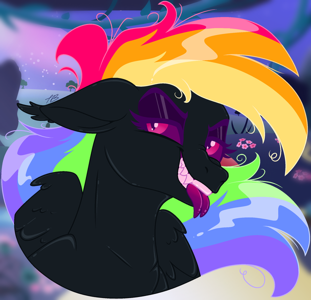 Size: 2192x2112 | Tagged: safe, artist:ttat2s, derpibooru import, rainbow dash, pegasus, biting, female, looking at you, mare, nightmare rainbow dash, nightmarified, scrunchy face, sharp teeth, slit pupils, smiling, smirk, solo, teeth, tongue bite, tongue out