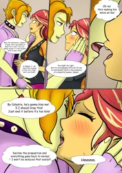Size: 4961x7016 | Tagged: suggestive, artist:symptom99, derpibooru import, adagio dazzle, sunset shimmer, comic:sunset's dilemma with adagio, equestria girls, equestria girls series, absurd resolution, allegro amoroso, bedroom eyes, blushing, clothes, comic, commission, conversation, dialogue, face grab, female, fingerless gloves, french kiss, gloves, hand on chin, hands on face, image, imminent infidelity, imminent kissing, inner thoughts, kissing, lesbian, lidded eyes, looking at each other, male, nervous, open mouth, png, propositioning, rule 63, seducing, seduction, seductive, seductive look, shipping, sloppy kissing, smiling, smirk, speech bubble, straight, sunllegro, sunsagio, talking, teeth, thinking, thought bubble, tongue out, tongue play