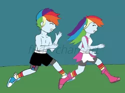 Size: 1973x1478 | Tagged: safe, artist:fude-chan-art, derpibooru import, rainbow dash, equestria girls, boxing boots, boxing shoes, boxing shorts, boxing skirt, boxing trunks, clothes, cycling shorts, equestria guys, exeron fighters, exeron outfit, female, jogging, midriff, r63 paradox, rainbow blitz, rule 63, shoes, shorts, sneakers, socks, sports bra, sports shorts