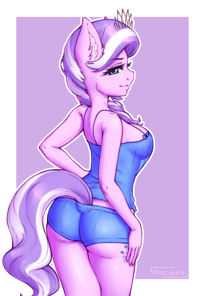 Size: 2455x3543 | Tagged: suggestive, artist:mintjuice, derpibooru import, diamond tiara, anthro, earth pony, ass, bedroom eyes, big breasts, boobs and butt pose, booty shorts, bow, breasts, busty diamond tiara, butt, cheek fluff, cleavage, clothes, commission, cutie mark, diamond buttiara, ear fluff, eyebrows visible through hair, eyelashes, female, jewelry, lidded eyes, lips, looking at you, looking back, mare, older, older diamond tiara, rear view, see-through, shiny, shorts, short shirt, smiling, solo, solo female, stupid sexy diamond tiara, tanktop, the ass was fat, thighs, tiara, ych result