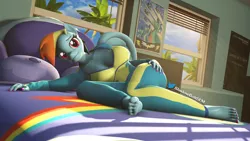 Size: 2880x1620 | Tagged: 3d, anthro, artist:shadowboltsfm, bed, bedroom, breasts, busty rainbow dash, clothes, derpibooru import, eyelashes, feet, laying on bed, looking at you, nail polish, on bed, pegasus, plantigrade anthro, rainbow dash, smiling, source filmmaker, stupid sexy rainbow dash, suggestive, toenail polish, uniform, wonderbolts uniform