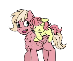 Size: 1024x854 | Tagged: safe, artist:scoot11, derpibooru import, oc, oc:gala, oc:spring blossom, unofficial characters only, earth pony, pony, big sister, blank flank, chest fluff, deviantart watermark, drool, duo, female, filly, flower, flower in hair, foal, freckles, little sister, mare, obtrusive watermark, offspring, parent:big macintosh, parent:fluttershy, parents:fluttermac, ponies riding ponies, riding, siblings, simple background, sisters, sleeping, transparent background, watermark