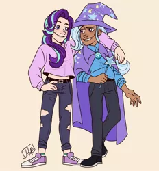 Size: 1280x1378 | Tagged: artist:hopehound, belt, cape, clothes, converse, dark skin, derpibooru import, duo, female, grin, hat, human, humanized, jeans, looking at each other, midriff, pants, safe, shirt, shoes, smiling, socks, starlight glimmer, striped socks, sweater, torn clothes, trixie, trixie's cape, trixie's hat, wand