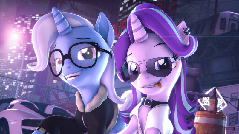 Size: 3840x2160 | Tagged: safe, artist:calveen, derpibooru import, starlight glimmer, trixie, pony, unicorn, 3d, alternate hairstyle, aviator glasses, bottle, bridge, building, car, chromatic aberration, clothes, collar, duo, ear piercing, earring, fence, glasses, jacket, jewelry, laughing, leather jacket, looking at you, piercing, porsche 918, shirt, sign, signature, slasher smile, source filmmaker, tongue out, train