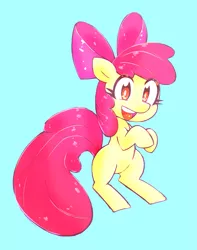 Size: 2789x3536 | Tagged: safe, artist:nancybigots, derpibooru import, apple bloom, earth pony, pony, adorabloom, blue background, cute, female, filly, high res, looking at you, open mouth, simple background, solo