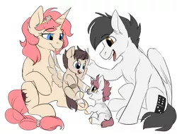 Size: 1250x950 | Tagged: safe, artist:its-gloomy, derpibooru import, oc, oc:arcane word, oc:domino, unofficial characters only, pegasus, pony, unicorn, fanfic:friendship is optimal, cutie mark, family, father and child, female, foal, male, mare, mother and child, offspring, parents:oc x oc, stallion, trans mare