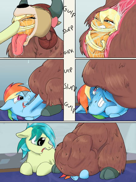 Size: 768x1024 | Tagged: questionable, artist:mrleft, derpibooru import, applejack, rainbow dash, sandbar, yona, earth pony, pegasus, pony, yak, series:school snacks, betrayal, comic, female, male, mare, oral vore, preyjack, smothering, stallion, story in the source, vore, x-ray