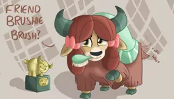 Size: 1738x990 | Tagged: artist:sintakhra, "best yak" trophy, bow, brush, cloven hooves, cute, derpibooru import, female, hair bow, monkey swings, mouth hold, safe, solo, tail wag, tumblr:studentsix, weapons-grade cute, yak, yona, yonadorable