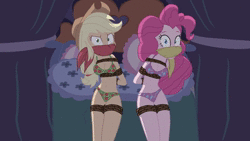 Size: 1280x720 | Tagged: suggestive, artist:radiantrealm, artist:sonicrock56, derpibooru import, applejack, pinkie pie, equestria girls, animated, apple print underwear, applesub, arm behind back, belly button, blinking, bondage, bound and gagged, box tied, bra, breast bondage, breasts, busty applejack, busty pinkie pie, cleavage, cloth gag, clothes, cutie mark underwear, female, females only, femsub, gag, green underwear, lingerie, looking at you, muffled words, otn gag, over the nose gag, panties, pink underwear, pinkiesub, rope, rope bondage, show accurate, show accurate porn, sound, struggling, submissive, underwear, webm