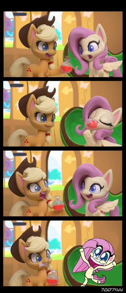 Size: 1288x3000 | Tagged: safe, derpibooru import, edit, edited screencap, editor:teren rogriss, screencap, applejack, fluttershy, earth pony, pegasus, pony, fluttershy's hiccups, my little pony: pony life, my little pony: stop motion short, art shift, bottle, comic, eyes closed, female, fluttershy's cottage, gritted teeth, hooves, mare, open mouth, potion, screencap comic, smiling, spread wings, stop motion, transformation, wings