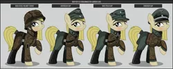 Size: 1280x512 | Tagged: safe, artist:brony-works, derpibooru import, oc, unofficial characters only, earth pony, pony, blonde, boots, clothes, earth pony oc, eyelashes, female, hat, helmet, mare, nazi, nazi germany, nazipone, raised hoof, reference sheet, schutzstaffel, shoes, smiling, solo, uniform, waffen-ss, world war ii