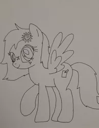 Size: 594x766 | Tagged: safe, artist:electric spark, derpibooru import, oc, oc:whistle blossom, pegasus, pony, female, filly, flower, flower in hair, foal, freckles, looking at you, monochrome, pegasus oc, smiling, smiling at you, teenager, traditional art, wings, wip