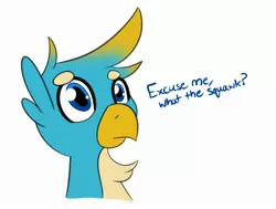 Size: 2494x1888 | Tagged: safe, artist:nevaylin, derpibooru import, gallus, gryphon, bust, cartoon swearing, chest fluff, cute, excuse me what the fuck, gallabetes, male, meme, ponified meme, portrait, simple background, solo, squawk, white background