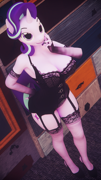 Size: 2160x3840 | Tagged: 3d, anthro, armpits, artist:dashie116, big breasts, bra, breasts, busty starlight glimmer, cinema 4d, cleavage, clothes, corset, derpibooru import, female, garters, high heels, lingerie, looking at you, mare, plantigrade anthro, shoes, socks, solo, solo female, starlight glimmer, stockings, suggestive, thigh highs, underwear