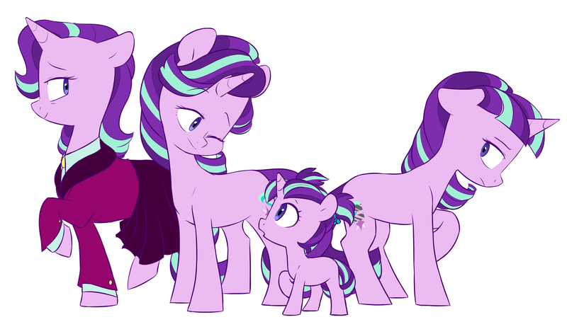 Size: 5659x3219 | Tagged: safe, artist:chub-wub, derpibooru import, part of a set, starlight glimmer, pony, unicorn, the last problem, absurd resolution, age progression, blank flank, cute, equal cutie mark, female, filly, filly starlight glimmer, floppy ears, glimmerbetes, headmare starlight, mare, multeity, older, older starlight glimmer, one eye closed, open mouth, profile, s5 starlight, self ponidox, simple background, time paradox, white background, wink, younger