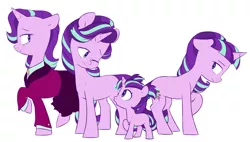 Size: 5659x3219 | Tagged: safe, artist:chub-wub, derpibooru import, part of a set, starlight glimmer, pony, unicorn, the last problem, absurd resolution, age progression, blank flank, cute, equal cutie mark, female, filly, filly starlight glimmer, floppy ears, glimmerbetes, headmare starlight, mare, multeity, older, older starlight glimmer, one eye closed, open mouth, profile, s5 starlight, self ponidox, simple background, time paradox, white background, wink, younger