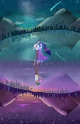 Size: 3300x5100 | Tagged: safe, artist:pettypop, derpibooru import, sci-twi, timber spruce, twilight sparkle, equestria girls, clothes, dancing, dress, feet, female, lake, male, mountain, reflection, sad, shipping, stars, straight, timbertwi